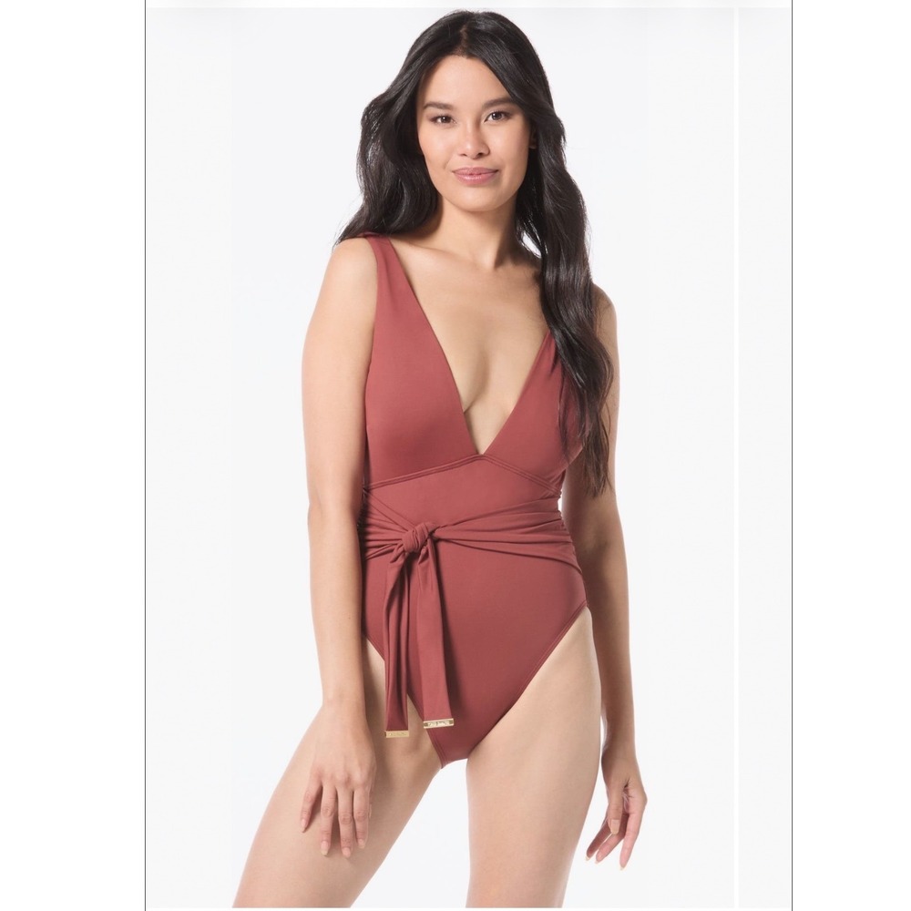 Vince Camuto Plunge One Piece Swimsuit Rust Side Tie Belt 10766536 NEW 6
